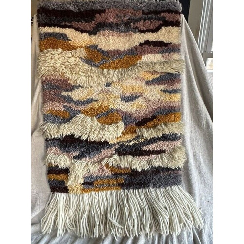 Handwoven Textured Fringe Wall Hanging – Cream, Mustard & Gray